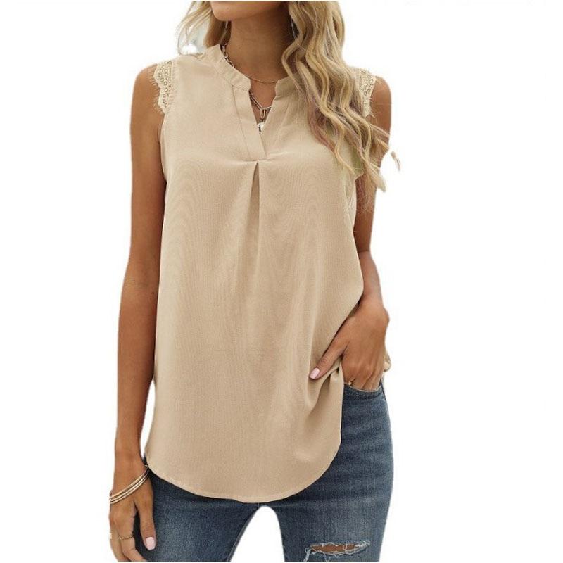 Spring Summer Solid Color Shirt Loose Fit V Neck Sleeveless Lace Trim Top Elegant Casual Blouse Everyday Wear Stylish And Comfortable Women Apparel