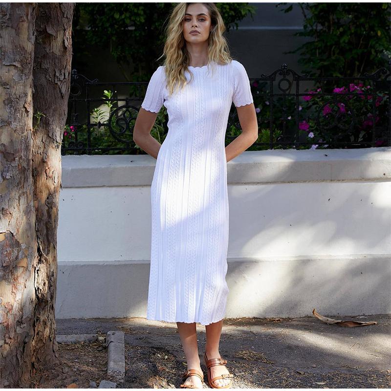 Elegante Faden Strick Solide Kleid Frauen Schlank O-Ausschnitt Kurzarm Hüfte Paket Weibliche Lange Kleider Sommer Dame Chic Robe