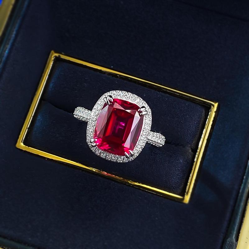 Xian Can Jewelry S925 Silver 9x11mm Pigeon Blood Red Pave Ring, European & American Style, Xiaohongshu Live.
