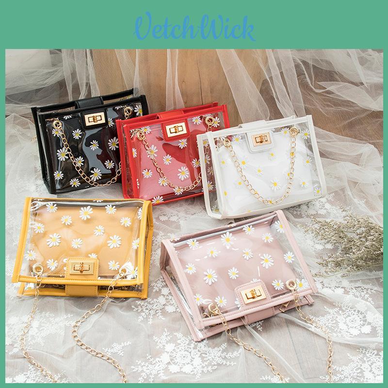 Elegant Daisy Flower Transparent Shoulder Messenger Bag For Women With Chain
