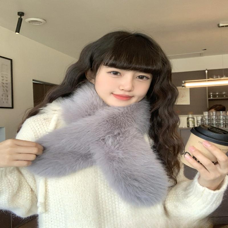1Pc Korean Version of Student Hair Cross Long Scarf Warm Imitation Fur Fox Hair Solid Color Scarf Scarf Neck Autumn and Winter Women Thickened