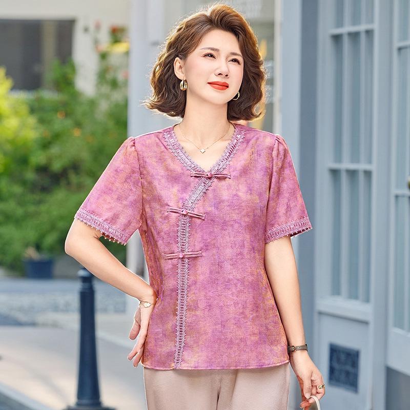 

Retro Chinese Style Two-Piece Summer Outfit for Middle-Aged Women (40-60) - Short Sleeve Mother s Day Set 3XL (suggested for 125-140 jin)