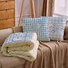 2-in-1 Plush Throw Pillow Blanket With Blue Grid Soft Fleece Cover PP Cotton Fill Bed Sofa Car Travel
