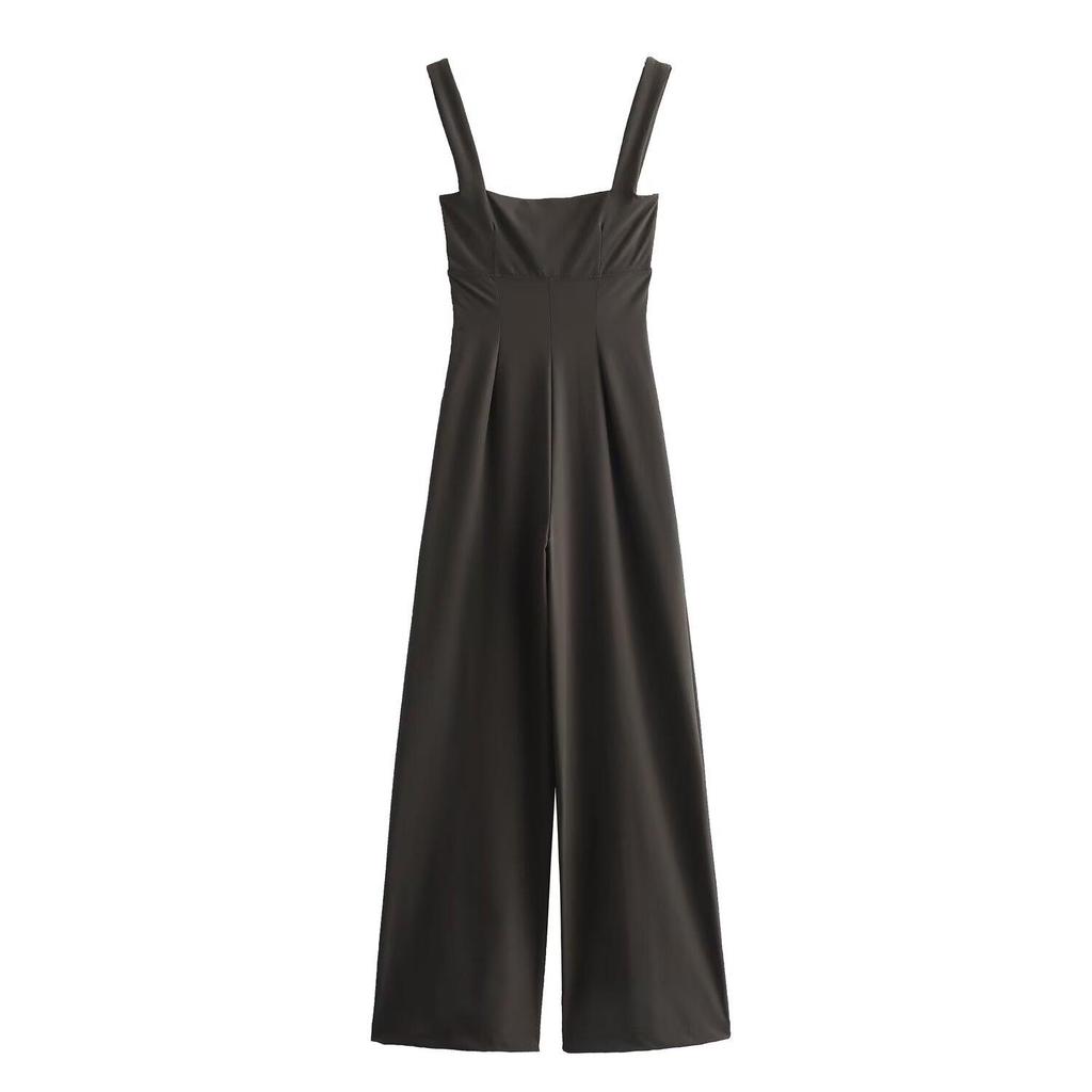 European & American Autumn/Winter Fashion: Square Neck Sleeveless Spaghetti Strap Jumpsuit with Waist-Cinching Long Pants for Women, 2025 Edition
