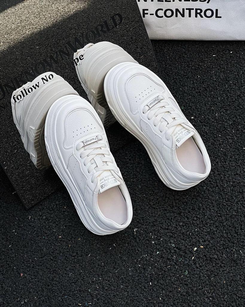 Women's Platform Sneakers - Genuine Leather, White, Height-Increasing, Autumn 2025 Collection, 7CM Sole, Petite Casual Sports Style