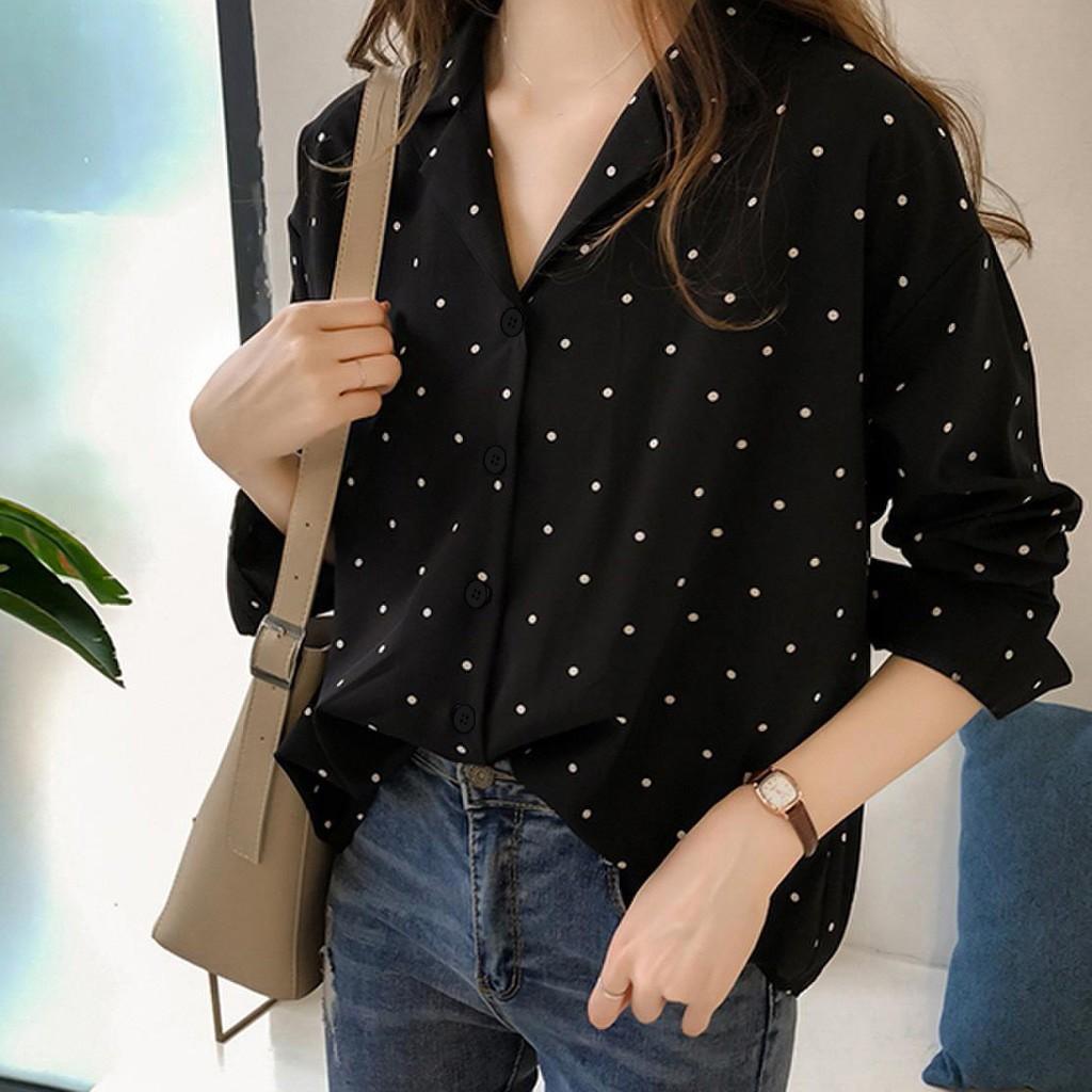 Women Casual Long Sleeve Polka Dot Turn-Down Collar Casual Tops Button Shirts XXL чёрный