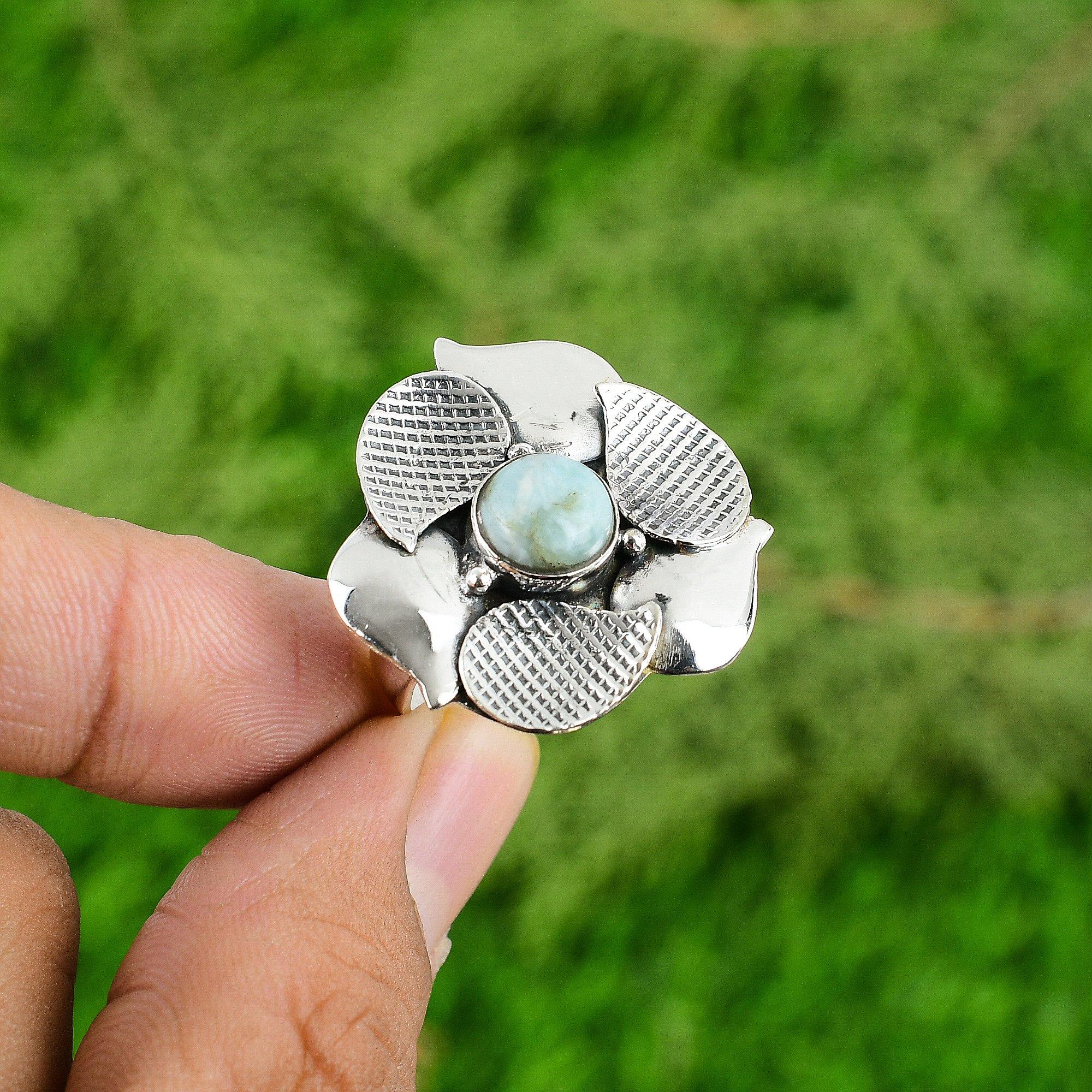 

Natural Larimar Gemstone Solitaire Flower Blue Adjustable Ring 925 Silver Adjustable