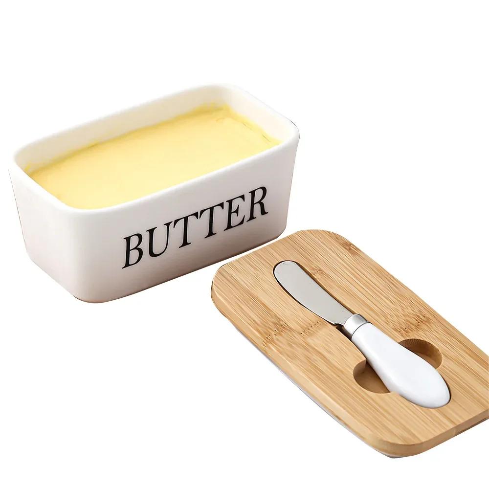 Butter Box Sealing Tool, Wood Lid Knife, Food Dish, Ceramic Keeper, Cheese Storage Tray Plate Container For Kitchen