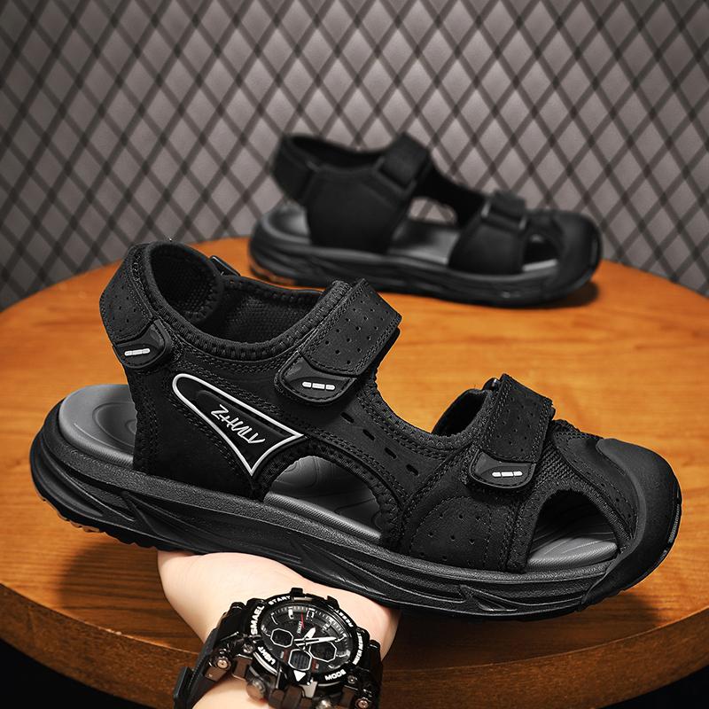 

Модные летние мужские сандалии из натуральной кожи, мужские тапочки, уличные гладиаторские мужские пляжные сандалии, мягкие, удобные, для прогулок на свежем воздухе 10.5 чёрный