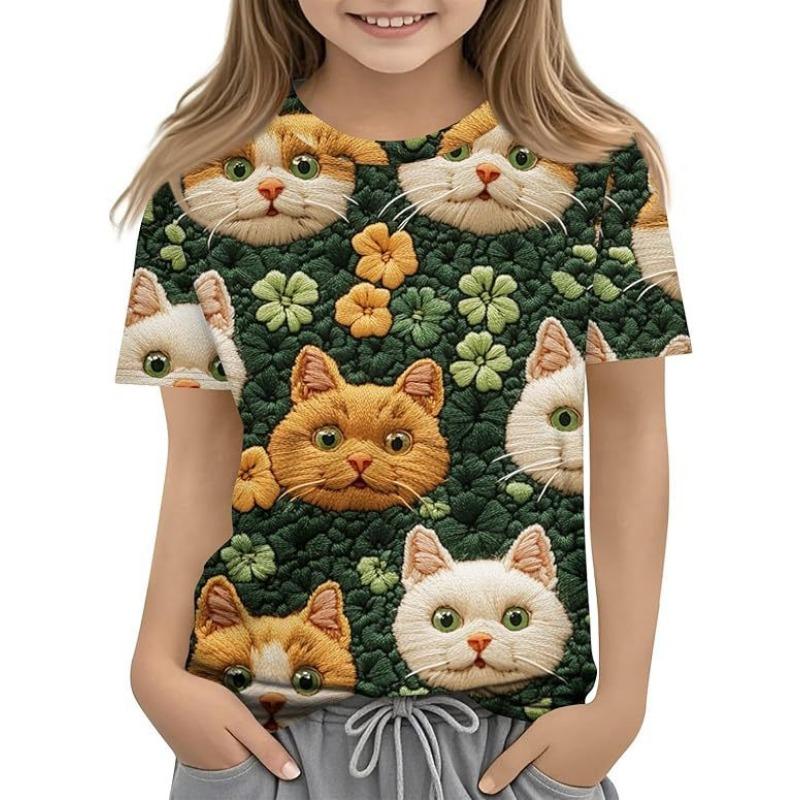Fashionable Summer Trendy High-quality Four Leaf Clover Pattern Children's Women's Short Sleeved Round Neck T-shirt