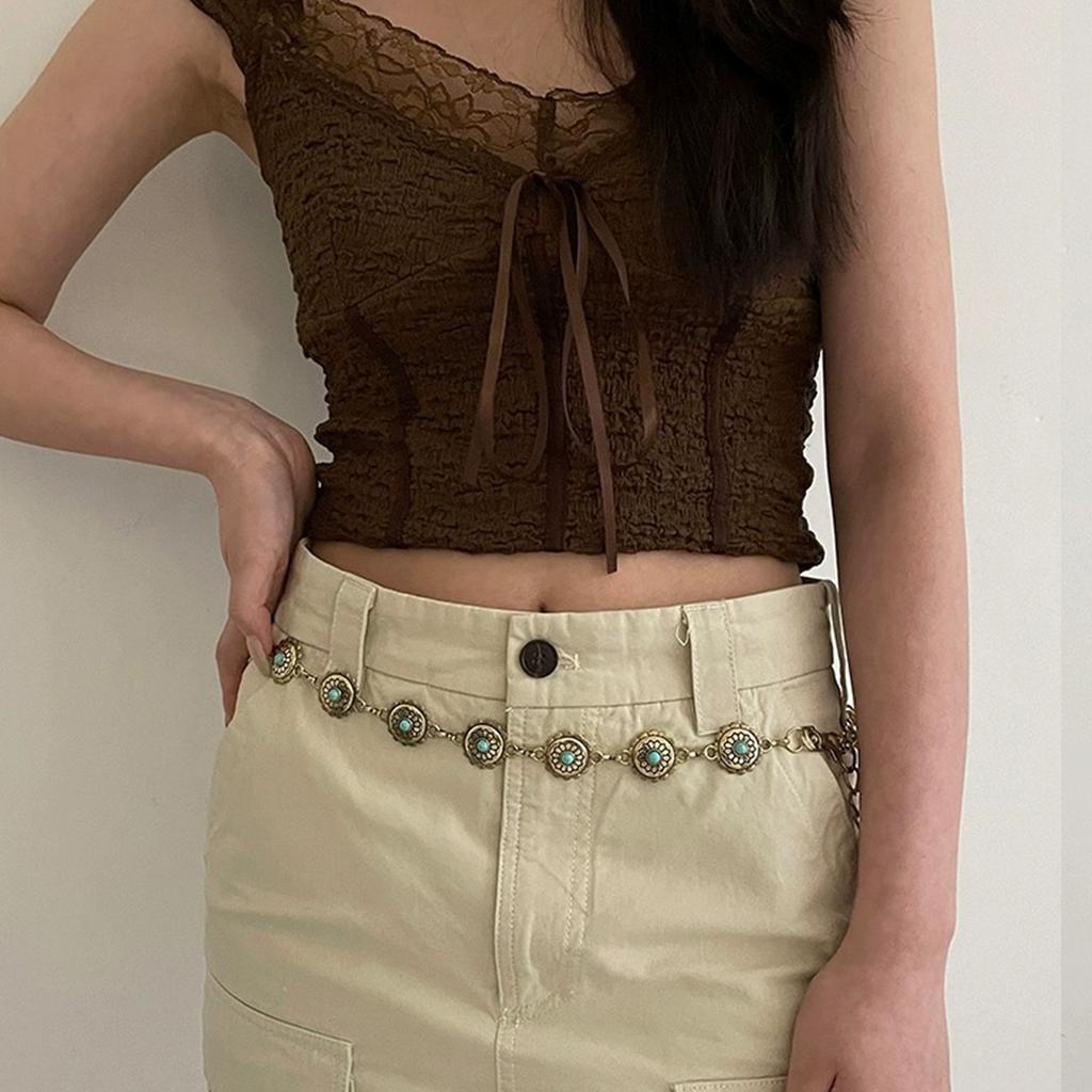 Bohemian Women Waist Belt Thin Ethnic Style Chain with Carved Turquoise Buckle Decorative Women Dress Metal Waist Belt