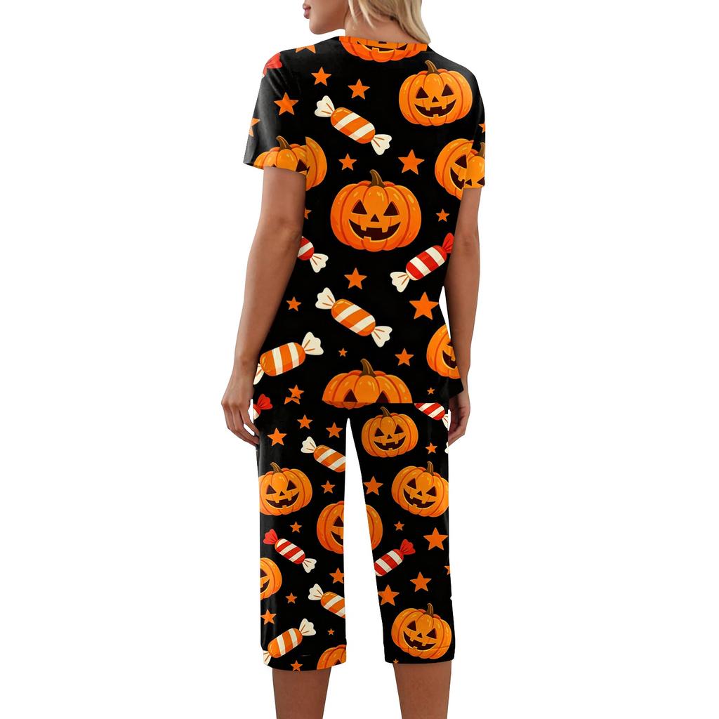Women Two Piece Halloween Print Outfit Short Sleeve Top and Capri Pants Set Comfortable Casual Sportswear