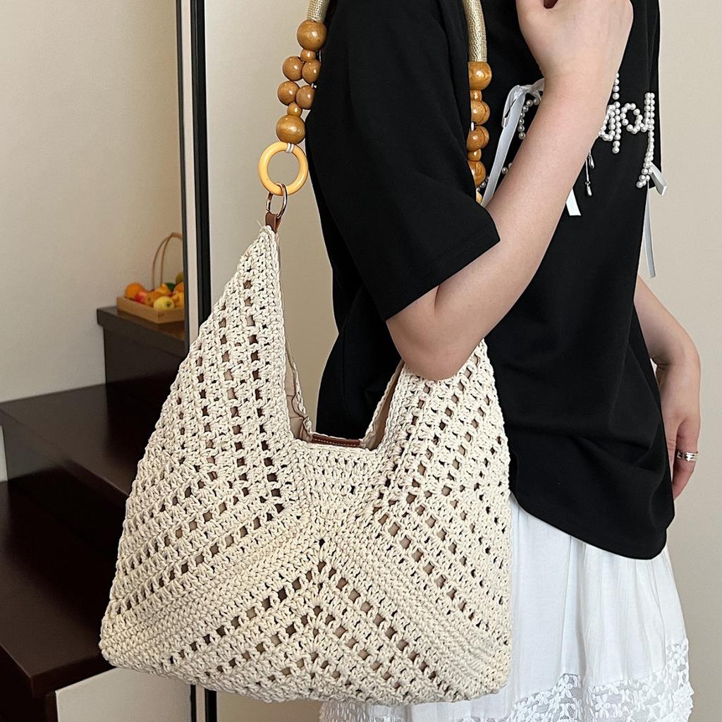 Stricktasche mit großer Kapazität Damen Sommer Neue Holzperlen Gewebte Umhängetasche Wolle Häkel-Einkaufstasche