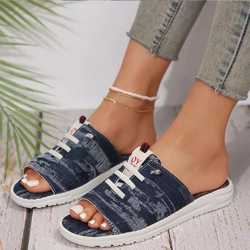 Fashion Unisex Slides New Women Slippers Peep-toe Sandals Outdoor Casual Canvas Denim Slippers Flat Home Slippers Large Sizes 36-43