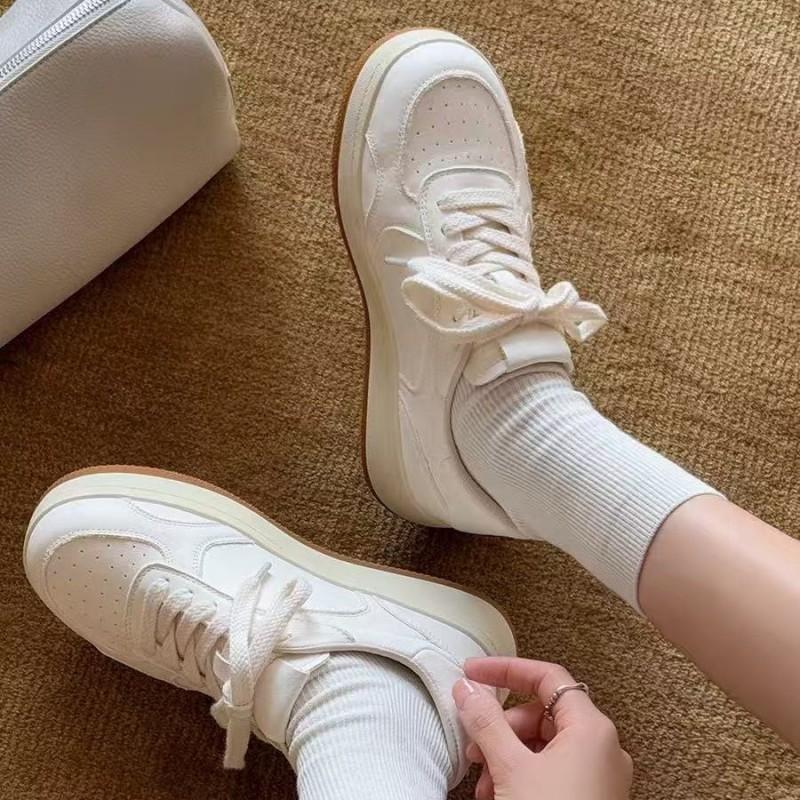 Womens Chunky Sole White Sneakers With 5cm Platform Height Round Toe Lace-Up Casual Shoes Daily Wear
