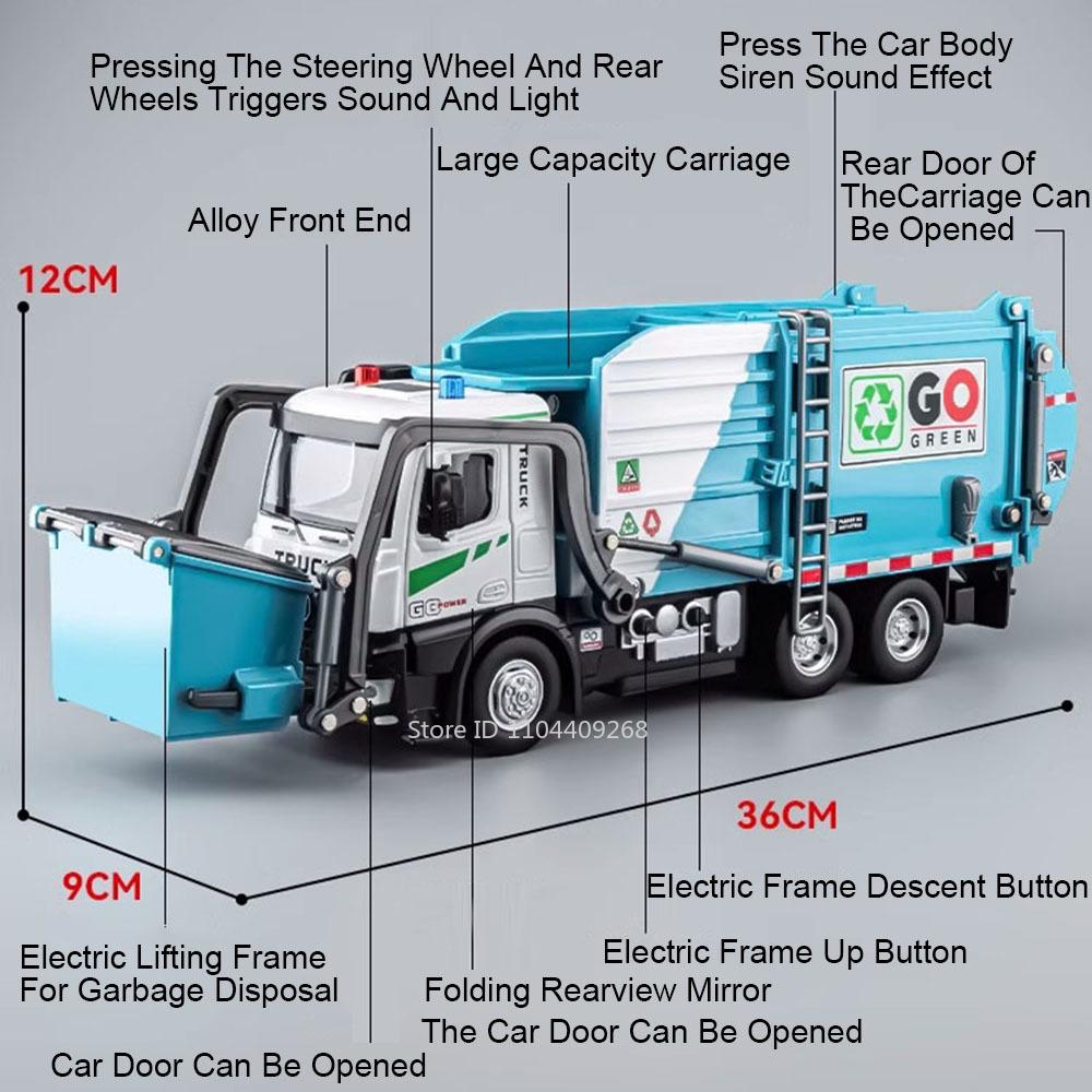 Scale 1:18 Electric Sanitation Garbage Truck Fire Trucks Model Toy Car Light Music Engineering Vehicle Models Birthday Presents