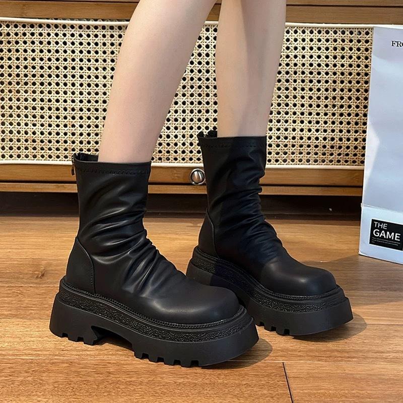 Thick-soled Martin Boots Women's 2025 New Elastic Thin Boots Versatile Thin Pleated Stacking Boots Cigarette Tube Women's Boots