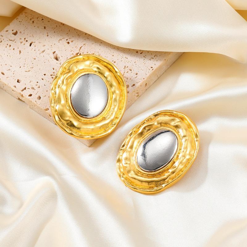 Summer Alloy Earrings European and American Exaggerated Earrings Women's Round Metal Feeling Gold and Silver Color Matching Earrings