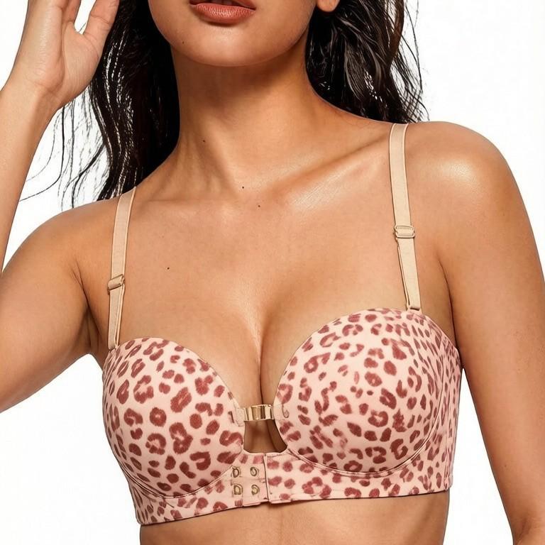 Leopard Print Wire-Free Push-Up Bra: Seamless Plus Size Women's Lingerie with Front Closure and Beautiful Back Design