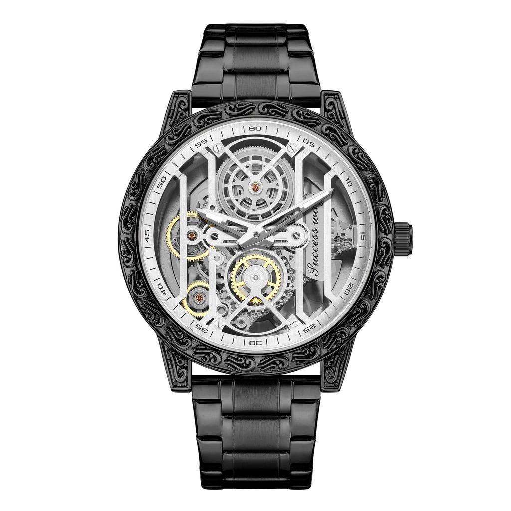 Luxus Retro Skelett Quarz Uhr für Herren Geschnitztes Lünettengehäuse Edelstahl Wasserdicht Leuchtendes Armband für Herren