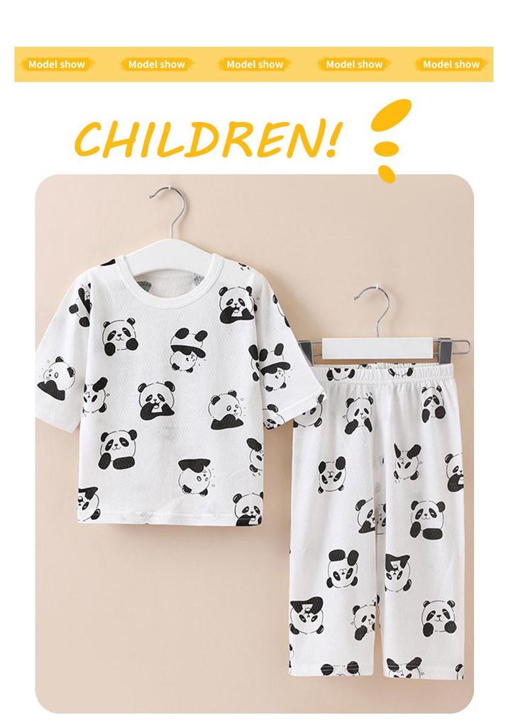 Children's Summer Cotton Pajama Set - Cartoon Print, Tagless, 3/4 Sleeves, for Air-conditioned Rooms