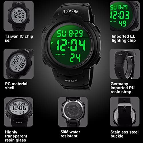 RSVOM Men's Digital Sports Watch Big Face 50M Waterproof Silicone Band LED Backlight Alarm Stopwatch