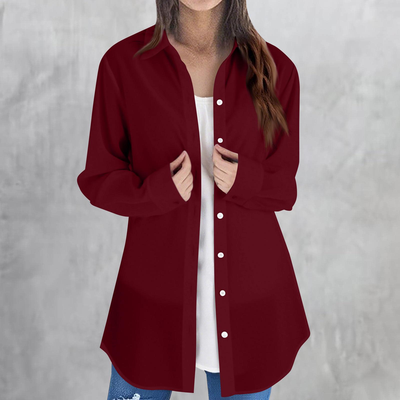 

Women s Long Sleeve Button Front Shirt Women s Shirt Loose Casual Top XL винний