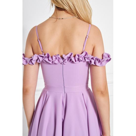 Women's Adjustable Strap Ruffle Detailed Collar Pleated Flared Midi Evening Dress