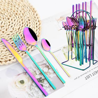 24 Adet Gökkuşağı Renkli çatal bıçak kaşık seti Bıçak Çatal Kaşık Raf ile Yemek Takımı Seti Paslanmaz Çelik Sofra Sofra Takımı Mutfak Gümüş Depolama Tutucu ile