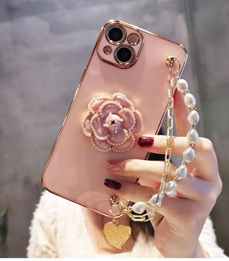 Camellia Applicable Apple 15 Mobile Phone Case Electroplated iPhone14 Pearl 13Promax Bracelet 12 Protective Case 11