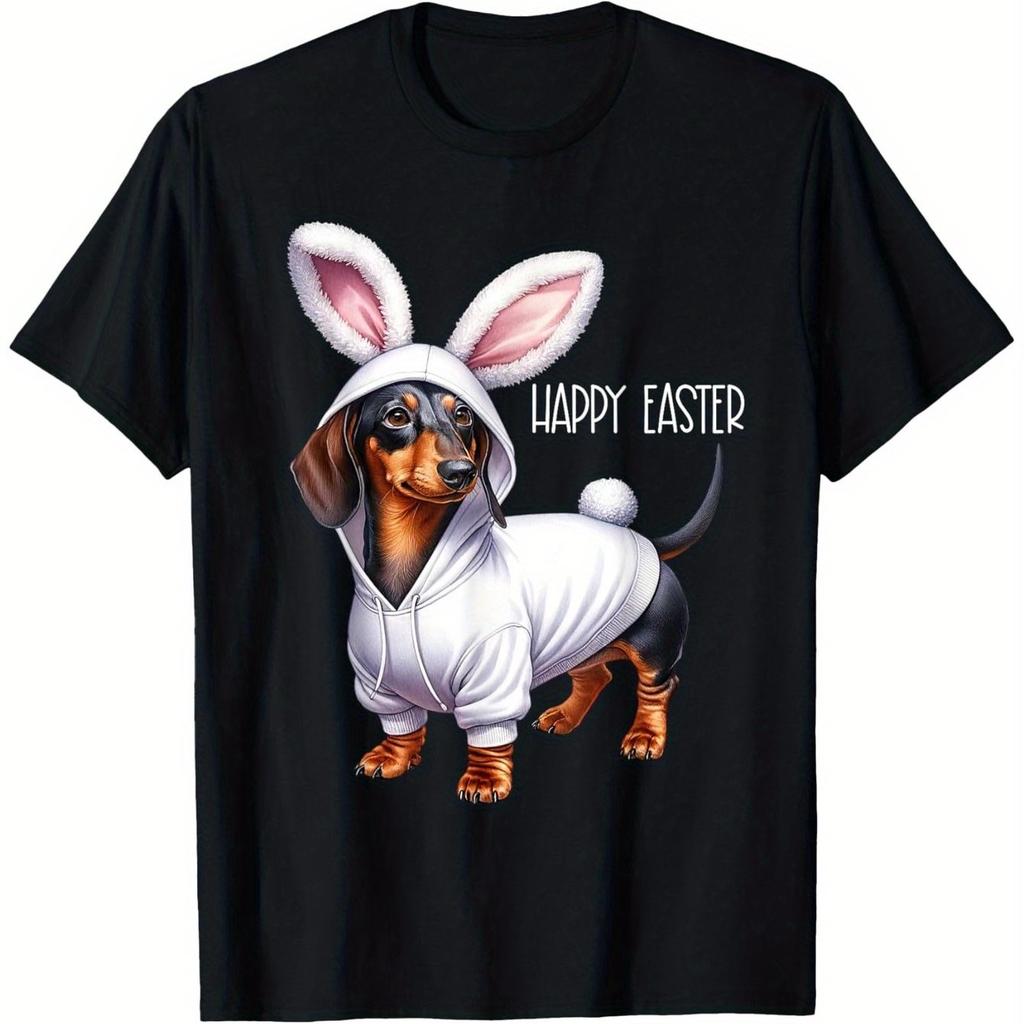 Dachshund Bunny Easter Graphic Tee Unisexs Cotton Crewneck TShirt Casual Holiday Gift