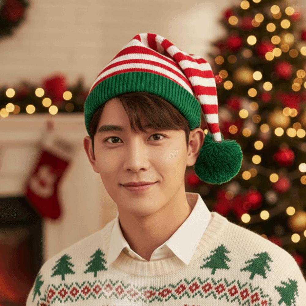 Xmas Costume Headpiece Knitted Christmas Beanie Contrast Color Warm Elf Knit Hat Cute Thick Pointed Pom Bonnet Photography