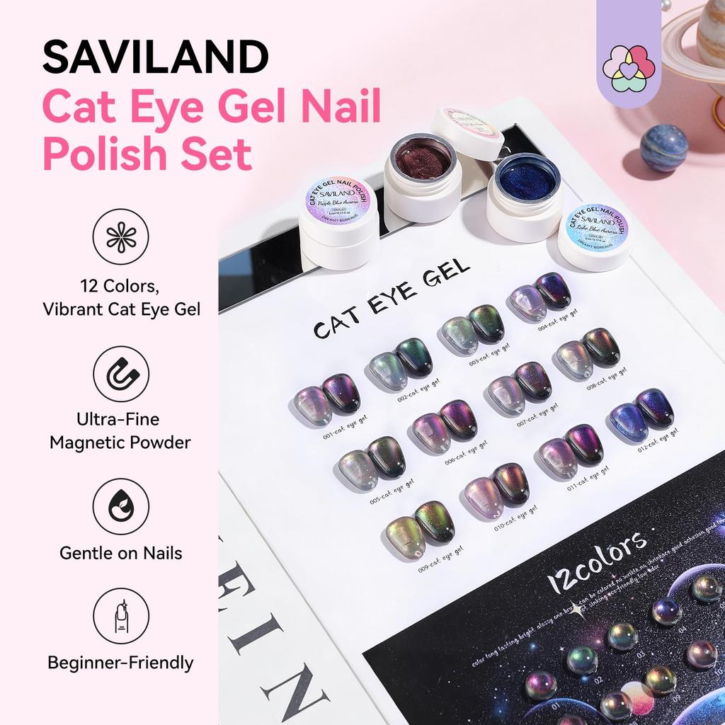 SAVILAND Cat Eye Gel Nail Polish Rainbow Aurora Cat Eye Gel Smooth Magnetic Gel Nail Polish with Magnetic DIY Nail Galaxy Nails 12-Color Set Blue,