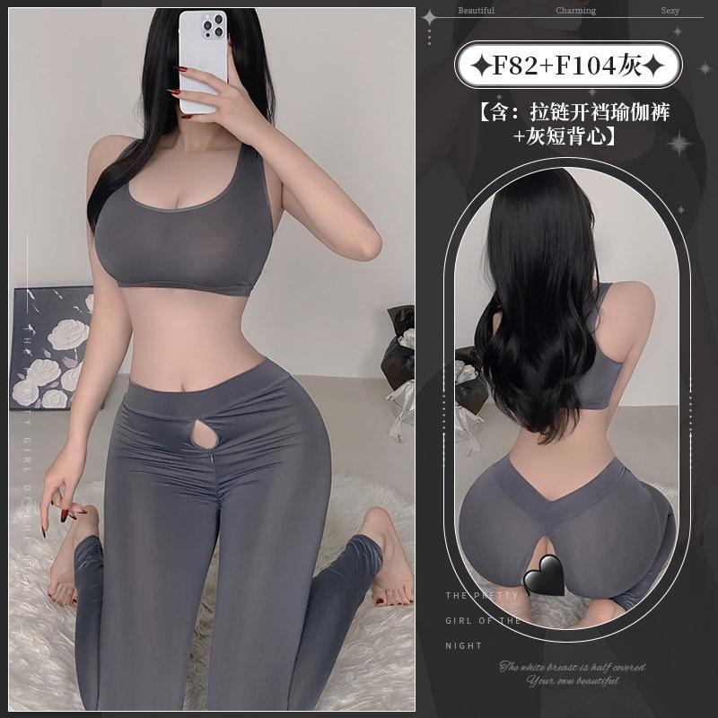 New pure desire hot lingerie couple silky zipper open crotch yoga elastic tight uniform temptation suit