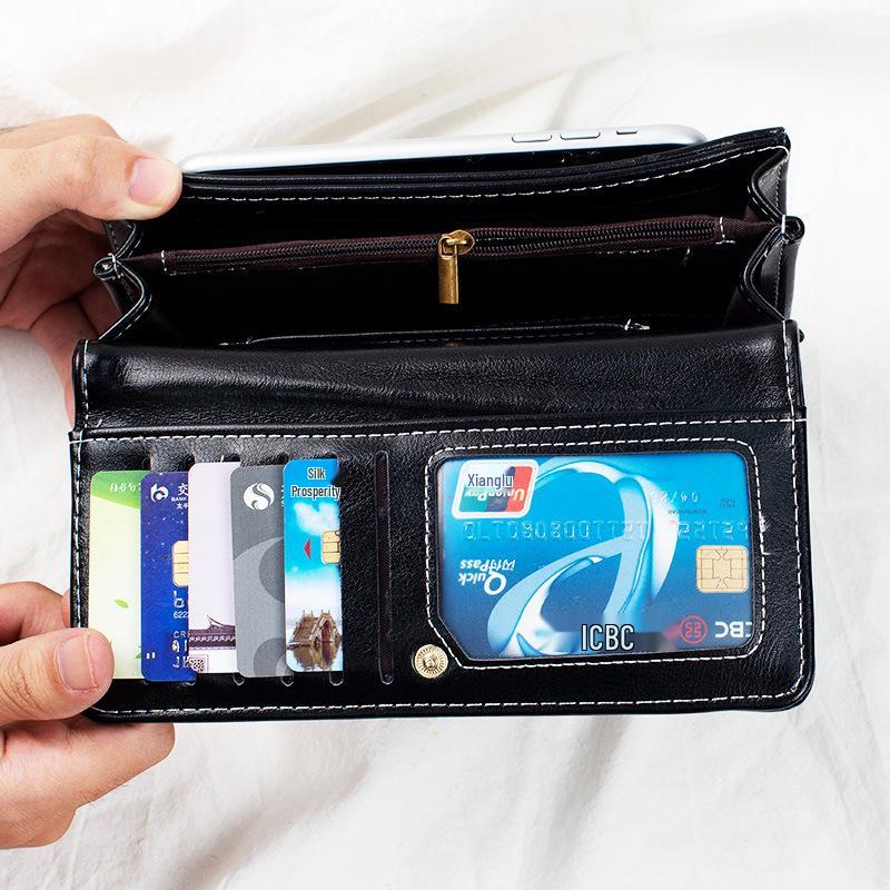 Damen Lange Retro Ölwachsleder Clutch Geldbörse mit Mehrfachkartenfächern und Münzfach