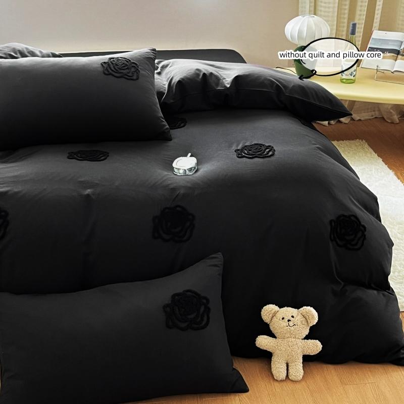 3pcs Embroidered tulips Duvet Cover Set (1*Duvet Cover + 2*Pillowcase, Without Core) Black Bedding Set, Soft Comfortable