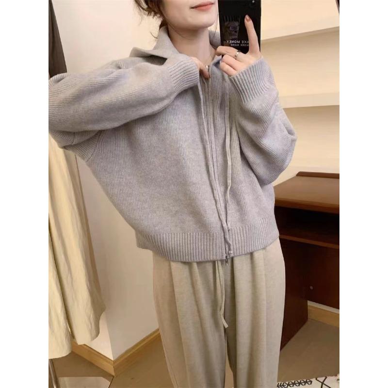 Solid color double zipper hooded knitted cardigan women's autumn and winter new loose casual simple sweater jacket