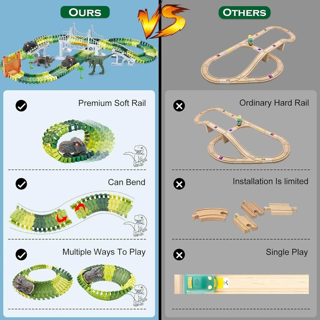 Dinosaur Toys Create A Dinosaur World Road Race Flexible Track Playset and 2PCS Cool Dinosaur Car for Boy Girls Christmas Gift