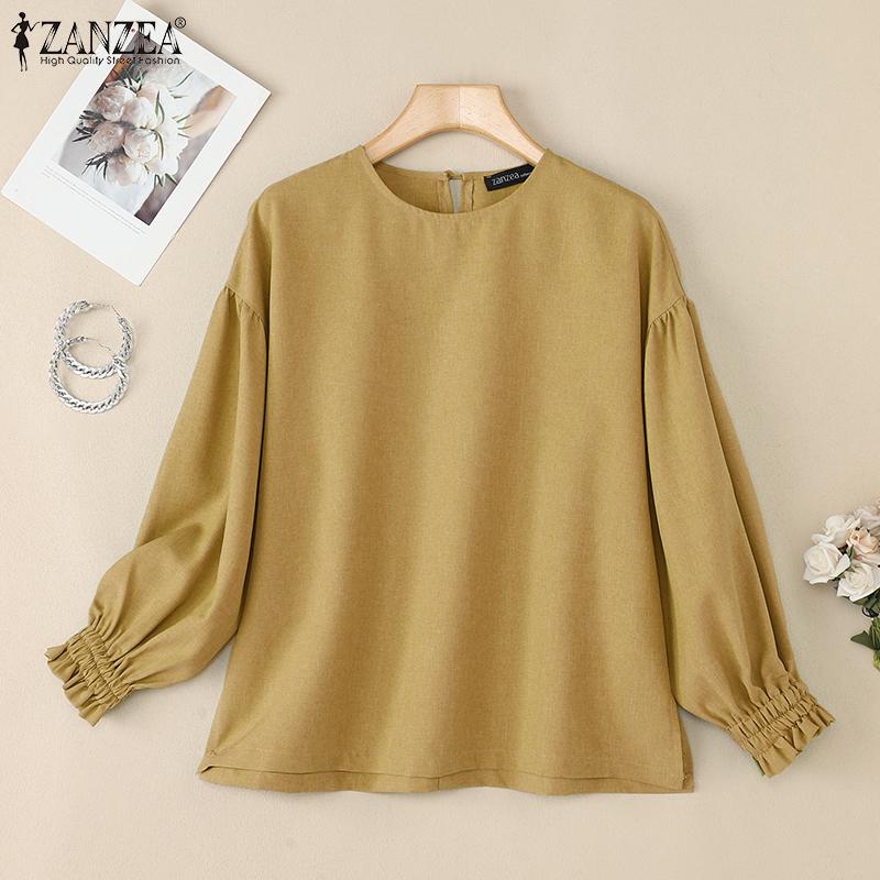 ZANZEA Women Casual Round Neck Solid Color 3/4 Sleeve Loose Blouse