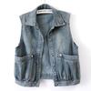 Chaleco de Mezclilla Azul Retro para Mujer Corto Primavera y Otoño Chaleco sin Mangas de Bolsillo Grande Chaqueta Chaleco Tendencia Chaleco de Mezclilla Lavado Vintage