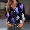 Women's Long Sleeve Casual Half Placket Shirt with Halloween Print for Fall Parties