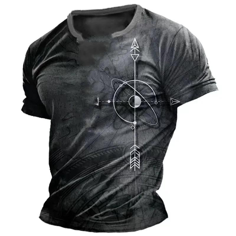 Summer Round Neck 3D Print Vintage Compass Pattern Top Fashionable Casual Short Sleeved Men's T-shirts