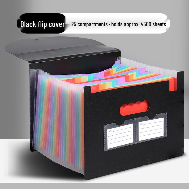 A4 Black Plaid Accordion Bag: Large Capacity, Flip Cover, PP Lanyard, Three-Sided Seal, Stand-Up Design, Rainbow Accordion.