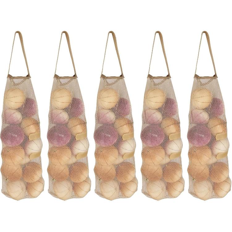 Hanging Mesh Storage 5Pack Potato & Onion Bags - Large Reble Net Produce Bags (Beige)