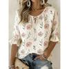 Women's Cream Floral & Butterfly Print Tie Neck Blouse, Casual Loose Tops for Spring Summer Daily Wear & Vacation Occasions