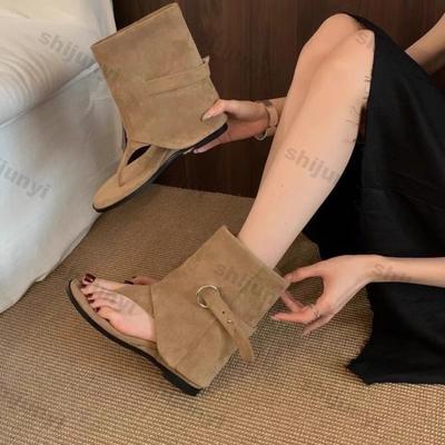 Women Height Increase Shoes Summer 2025 New High Top Pinch Toe Exposed Toe Sandals Round Head Flat Retro Cool Boots
