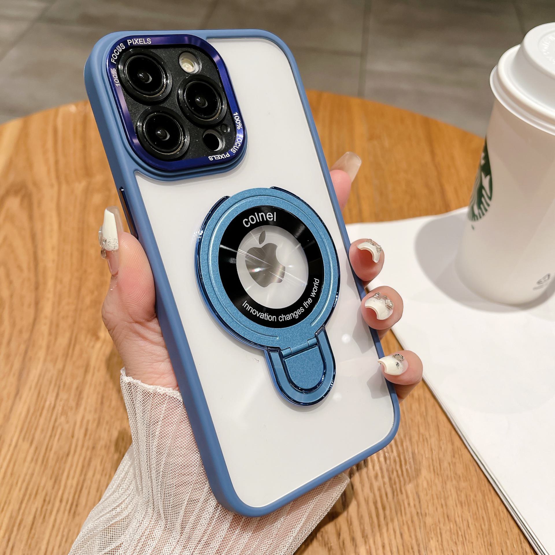 

Магнитный U-образный чехол для iPhone15Pro с металлической линзой для модного iPhone14 - креативный складной кронштейн iPhone 16 синий