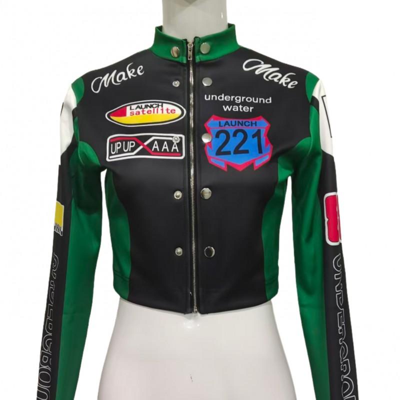 Womens Slim Fit Biker Style Baseball Jacket Stand Collar Zip-Up Casual Outerwear Streetwear