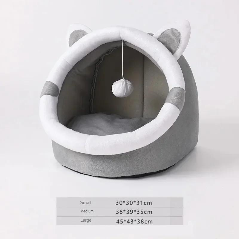 Winterwarmes Netz, rotes Katzenfutter, Katzenohrennest, rundes, halbgeschlossenes Katzennest, Hundenest, abnehmbares und waschbares Katzennest