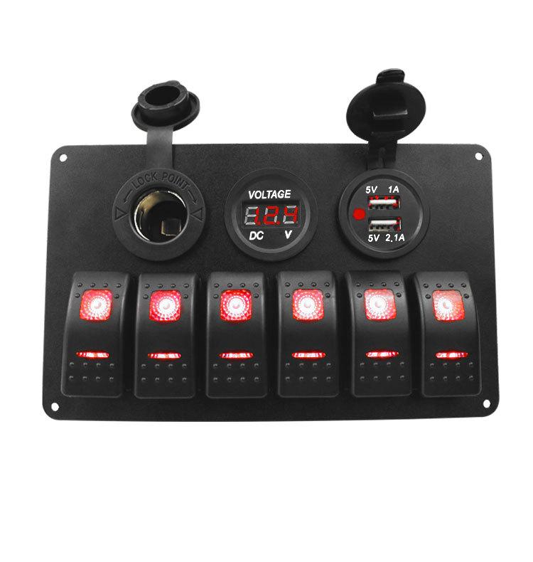 

6-клавишный кулисный переключатель, панель 12 24 В, двойная USB-розетка для зарядного устройства, вольтметр, дисплей напряжения для морского автомобиля, грузовика, яхты красный